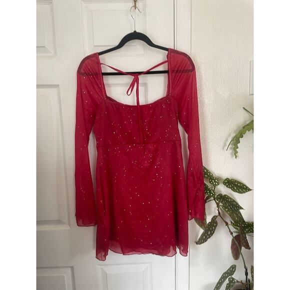 Cider Sparkle Red Mini Dress Square Neck Sheer Sleeves L - Picture 7 of 7
